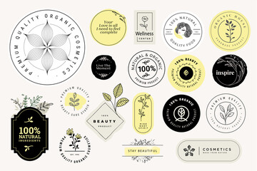 Set of signs for organic and natural cosmetics and beauty products . Vector illustrations for products promotion, packaging design, web design, business presentation, marketing material.