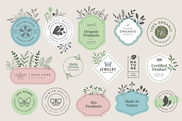 Set of signs for organic and natural cosmetics and beauty products . Vector illustrations for products promotion, packaging design, web design, business presentation, marketing material. - obrazy, fototapety, plakaty