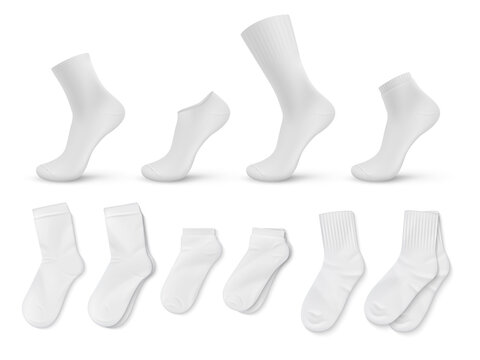 Realistic socks. White empty isolated foot wear mockup for brand identity or product design template. Vector illustration blank image trendy clothing set for legs
