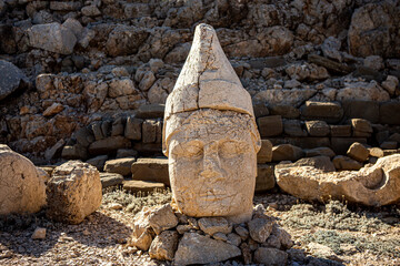 Antique statues on Nemrut mountain, Turkey. The UNESCO World Heritage Site at Mount Nemrut where...