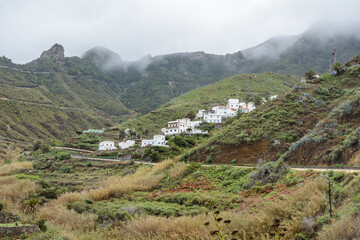 Beautiful peaceful view of green grassy steep slope. beautiful village on the slopes of the mountain