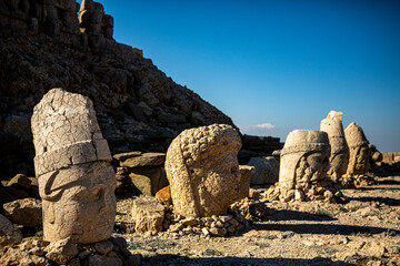 Antique statues on Nemrut mountain, Turkey. The UNESCO World Heritage Site at Mount Nemrut where...