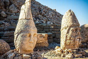 Antique statues on Nemrut mountain, Turkey. The UNESCO World Heritage Site at Mount Nemrut where...