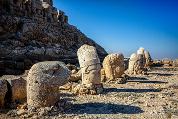 Antique statues on Nemrut mountain, Turkey. The UNESCO World Heritage Site at Mount Nemrut where...
