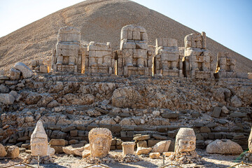 Antique statues on Nemrut mountain, Turkey. The UNESCO World Heritage Site at Mount Nemrut where...