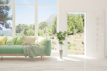 White living room with sofa and summer landscape in window. Scandinavian interior design. 3D illustration