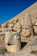 Antique statues on Nemrut mountain, Turkey. The UNESCO World Heritage Site at Mount Nemrut where...