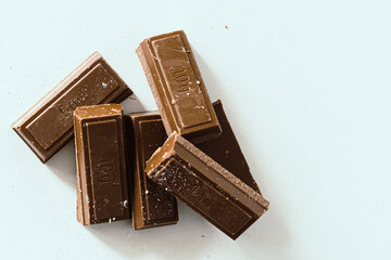 A close up of a Milk chocolate pieces on a white background