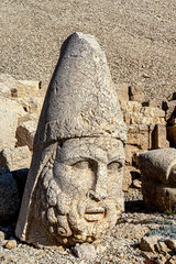 Antique statues on Nemrut mountain, Turkey. The UNESCO World Heritage Site at Mount Nemrut where...