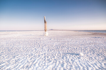 Salt lake landscape. Lake Baskunchak. Mineral salt.