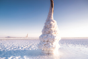 Salt lake landscape. Lake Baskunchak. Mineral salt.