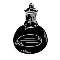 Vector element on a white background. Illustration of a bottle with a potion. Black and white sketch for print, textiles, websites, print. Icons.