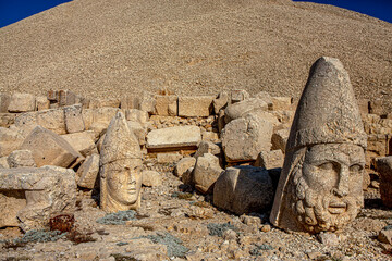 Antique statues on Nemrut mountain, Turkey. The UNESCO World Heritage Site at Mount Nemrut where...
