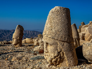 Antique statues on Nemrut mountain, Turkey. The UNESCO World Heritage Site at Mount Nemrut where...