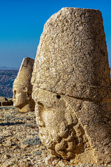 Antique statues on Nemrut mountain, Turkey. The UNESCO World Heritage Site at Mount Nemrut where...
