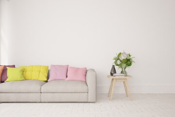 White living room with sofa. Scandinavian interior design. 3D illustration