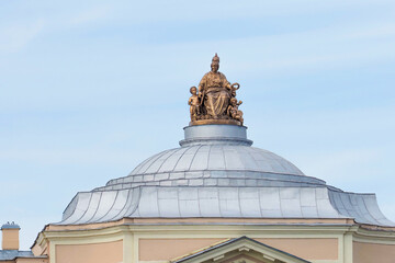 Research Museum of the Russian Academy of Arts in Saint Petersburg, Russia. Statue of the goddess Minerva on the roof