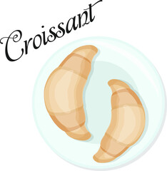 two freshly baked croissants on a plate. Delicious baked goods for your breakfast.