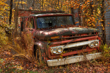 Old abandoned car in autumn colored woods