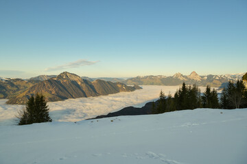 Picturesque view on Lake Luzern covered by thick layer of clouds