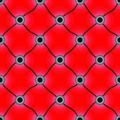 Bright red mesh pattern. Black and gray dots in the grid nodes. Seamless texture.