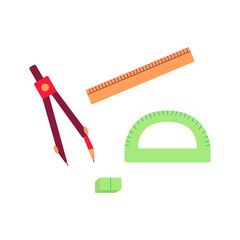 Ruler, eraser, protractor, compasses. Set of elements vector