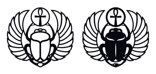 Laser cutting template of beetle scarab. Ancient egyptian decal. Winged scarab and sun disk. God Khepri Sun morning dawn. The emblem, logo, tattoo. Silhouette. Stencil. Vector isolated on white.