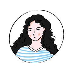 Female doodle portrait. Young woman with long curly hair in blue and white stripes shirt. Hand drawn face.