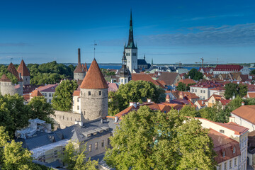 Fototapeta premium Skyline of the old town of Tallinn the capital, primate and the most populous city of Estonia. Located in the northern part of the country, on the shore of the Gulf of Finland of the Baltic Sea
