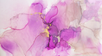 Abstract purple, lilac, pink, gold background, wallpaper. Mixing acrylic paints. Modern art. Alcohol ink colors translucent. Alcohol Abstract contemporary art fluid.