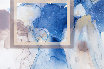Abstract blue and silver background, wallpaper with frame. Mixing acrylic paints. Modern art. Alcohol ink colors translucent. Alcohol Abstract contemporary art fluid.