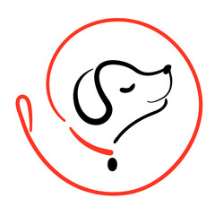 Dog walking service logo in line style on round from leash. Happy puppy training icon. Walk pet symbol in black red vector outline illustration. Simple Cartoon animal logotype