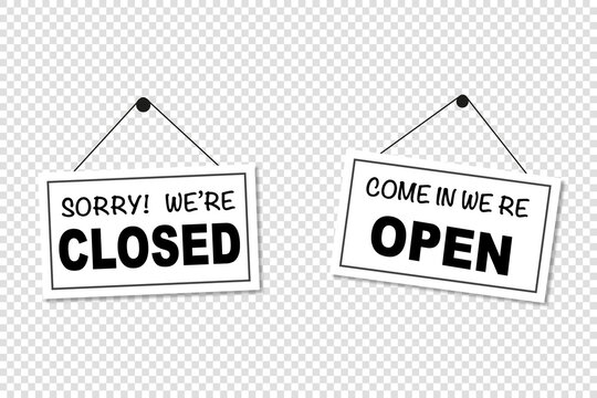 Come in we're open or closed in signboard with a rope on transparent background. Vector