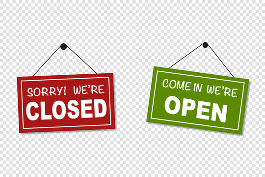 Come in we are open and sorry we are closed signs vector isolated. Green and red board for the shop. Information sign.