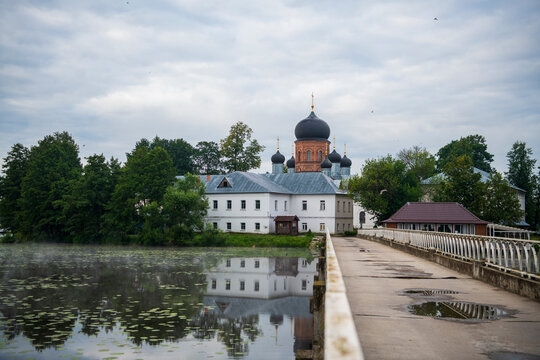 island ancient monastery in the middle of the lake at sunrise