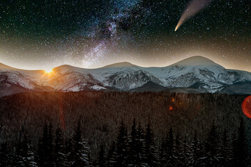 Surreal view of night in mountains with starry dark blue cloudy sky and C/2020 F3 (NEOWISE) comet...