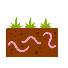 Worms under the ground. Insects in soil. Brown earth with small pink animals. Green grass. The biosphere and nature. Flat cartoon illustration. Fishing bait