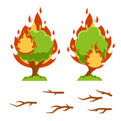 Forest fire. Natural disaster. Woodland problems. Dangerous situation. Tree and flame. Flat cartoon. Branches and wood. Careless handling of fire