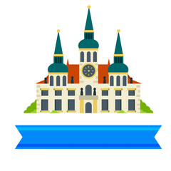Palace and residence. European architecture. Old town. Beautiful house and building. The Baroque style. Towers and walls. Tourist attraction. Flat cartoon