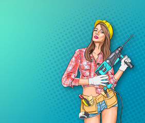 A young woman holds a construction tool. A girl with a helmet. The girl in a plaid shirt. The girl in denim shorts. The girl with the tool in her hands. The girl builder, repairman. 