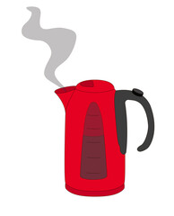 Red electric kettle with a closed lid, it boils and steam comes out of it. Drawing isolated on a white background. Stock vector illustration.