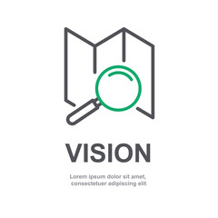 Business vision sign with travel map vector line icon flat illustration. Peace of paper with goal in some location. Logo template for navigation business concept. View through magnify glass. V3 SET3