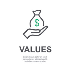Core values of company icon with simple text. Web page for employee template design vector element. Modern design. Abstract flat icon. Green dollar in hand business concept of company purpose V3