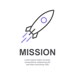 Mission sign icon of business company management with simple text isolated on white background. Web page or presentation item template. Abstract aim concept with flying purple rocket. V6 form SET6