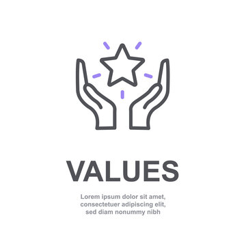 Core Values Of Company Icon With Simple Text. Web Page For Employee Template Design Vector Element. Modern Design. Abstract Flat Icon. Star In Hand Business Concept Of Company Care Illustration V6