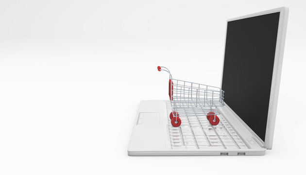 Online shopping concept. Shopping troley and laptop. 3d rendering