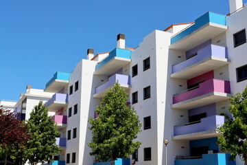 Modern residential building outside. Abstract fragment of modern architecture in Torres Vedras, Portugal.
