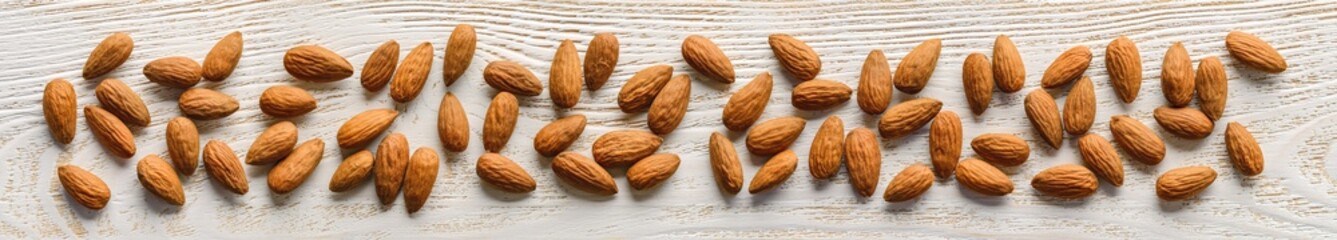 Scattered whole raw almonds on a white wood board. Panoramic shot. Unroasted nuts as antioxidant and protein source for ketogenic diet and vegetarianism. Healthy eating.