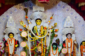 Goddess Durga with traditional look in close up view at a South Kolkata Durga Puja, Durga Puja...