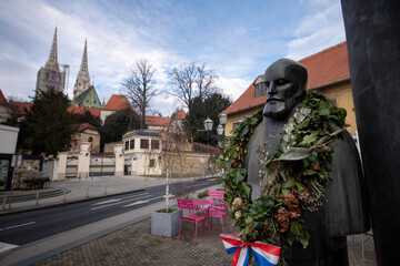 Zagreb / Croatia - December 31 / 2020 : the statue of the novelist August Senoa on Vlaska street of Zagreb